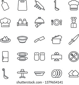 Thin Line Icon Set - fridge vector, cook, restaurant table, serviette, cafe, hat, plates, waiter, salt and pepper, ladle, bowl, rolling pin, cutting board, knife, steaming pan