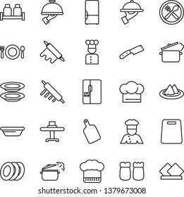 Thin Line Icon Set - fridge vector, cook, restaurant table, serviette, cafe, hat, plates, waiter, salt and pepper, bowl, rolling pin, cutting board, knife, steaming pan