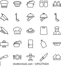 Thin Line Icon Set - fridge vector, cook, restaurant table, serviette, cafe, hat, waiter, salt and pepper, ladle, bowl, rolling pin, cutting board, knife, steaming pan