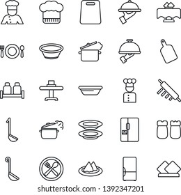Thin Line Icon Set - fridge vector, cook, restaurant table, serviette, cafe, hat, plates, waiter, salt and pepper, ladle, bowl, rolling pin, cutting board, steaming pan