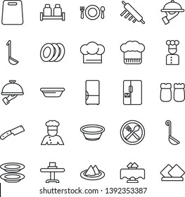 Thin Line Icon Set - fridge vector, cook, restaurant table, serviette, cafe, hat, plates, waiter, salt and pepper, ladle, bowl, rolling pin, cutting board, knife