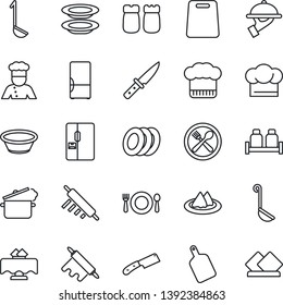 Thin Line Icon Set - fridge vector, cook, restaurant table, serviette, cafe, hat, plates, waiter, salt and pepper, ladle, bowl, rolling pin, cutting board, knife, steaming pan
