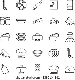 Thin Line Icon Set - fridge vector, cook, restaurant table, serviette, cafe, hat, plates, salt and pepper, ladle, bowl, rolling pin, cutting board, knife, steaming pan
