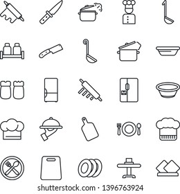 Thin Line Icon Set - fridge vector, cook, restaurant table, cafe, hat, plates, waiter, salt and pepper, ladle, bowl, rolling pin, cutting board, knife, steaming pan, serviette