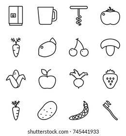 thin line icon set : fridge, cup, corkscrew, tomato, carrot, lemon, cherry, mushroom, corn, apple, beet, strawberry, potato, peas, tooth brush