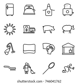 thin line icon set : fridge, kettle, apron, toaster, gas oven, food processor, pig, sheep, vacuum cleaner, sponge, wiping, utility room, brush, brooming, duster