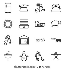 thin line icon set : fridge, cutting board, vacuum cleaner, kettle, gas oven, double boiler, food processor, sheep, utility room, drying clothe, brush, water tap sink, apron, brooming, iron