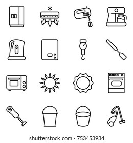 thin line icon set : fridge, air conditioning, mixer, coffee maker, kettle, kitchen scales, handle, spatula, grill oven, gas, induction, blender, bucket, vacuum cleaner