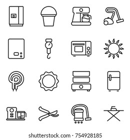 thin line icon set : fridge, bucket, coffee maker, vacuum cleaner, kitchen scales, handle, grill oven, gas, elecric, induction, double boiler, food processor, pruner, iron board