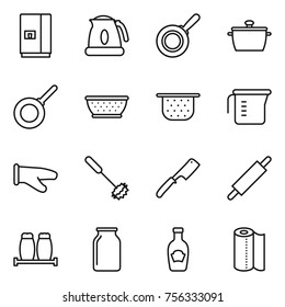 Thin line icon set : fridge, kettle, pan, colander, measuring cup, cook glove, whisk, chef knife, rolling pin, salt pepper, bank, ketchup, paper towel