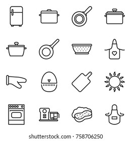 Thin line icon set : fridge, pan, colander, apron, cook glove, egg timer, cutting board, gas oven, food processor, sponge with foam