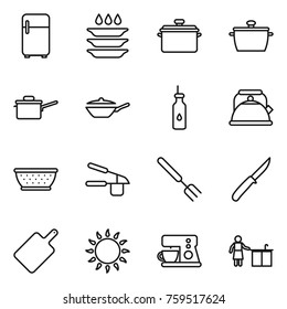 Thin line icon set : fridge, plate washing, pan, saute, vegetable oil, kettle, colander, garlic clasp, big fork, knife, cutting board, gas oven, coffee maker, kitchen cleaning