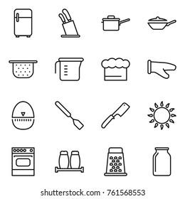 Thin line icon set : fridge, stands for knives, saute pan, colander, measuring cup, chief hat, cook glove, egg timer, spatula, chef knife, gas oven, salt pepper, grater, bank