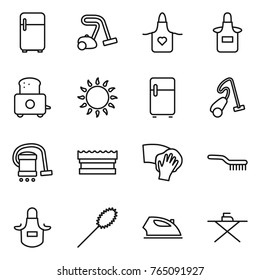 Thin line icon set : fridge, vacuum cleaner, apron, toaster, gas oven, sponge, wiping, brush, duster, iron, board