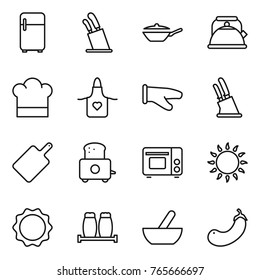 Thin line icon set : fridge, stands for knives, pan, kettle, cook hat, apron, glove, knife holder, cutting board, toaster, grill oven, gas, induction, salt pepper, mortar, eggplant