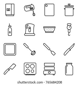 Thin line icon set : fridge, mixer, cutting board, pan, vegetable oil, kettle, colander, handle scales, whisk, spatula, knife, chef, hob, double boiler, bank