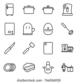 Thin line icon set : fridge, pan, kettle, kitchen scales, cook glove, egg timer, whisk, knife, meat hammer, cutting board, food processor, plates, sponge with foam, apron, cleaning