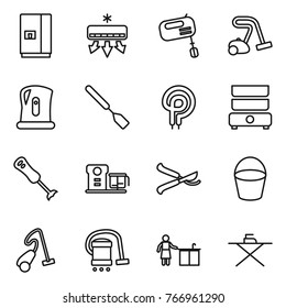 Thin line icon set : fridge, air conditioning, mixer, vacuum cleaner, kettle, spatula, elecric oven, double boiler, blender, food processor, pruner, bucket, kitchen cleaning, iron board