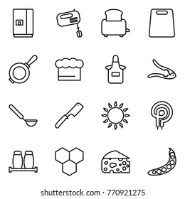 Thin line icon set : fridge, mixer, toaster, cutting board, pan, chief hat, apron, walnut crack, ladle, chef knife, gas oven, elecric, salt pepper, honeycombs, cheese, peas