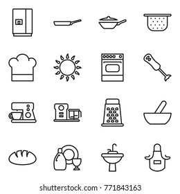 Thin line icon set : fridge, pan, colander, cook hat, gas oven, blender, coffee maker, food processor, grater, mortar, bread, dish cleanser, water tap sink, apron