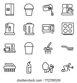 Thin line icon set : fridge, bucket, mixer, coffee maker, kettle, microwave oven, hob, vacuum cleaner, brush, toilet cleanser, garden cleaning