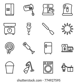Thin line icon set : fridge, mixer, coffee maker, kettle, kitchen scales, handle, spatula, gas oven, elecric, blender, food processor, bucket, vacuum cleaner, washing machine, cleaning