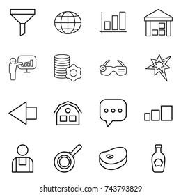 thin line icon set : funnel, globe, graph, warehouse, presentation, virtual mining, smart glasses, bang, left arrow, house, sms, sorting, workman, pan, steake, ketchup