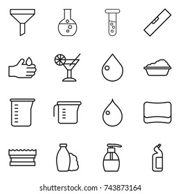 thin line icon set : funnel, round flask, vial, level, acid, cocktail, drop, washing, measuring cup, sponge, shampoo, liquid soap, toilet cleanser
