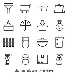 thin line icon set : funnel, delivery, shopping bag, loading crane, dry cargo, package, chemical, pallet, fridge, cauldron, measuring cup, sprayer, bucket, liquid soap
