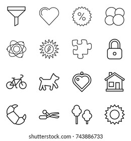 thin line icon set : funnel, heart, percent, atom core, sun power, puzzle, lock, bike, dog, pendant, home, croissant, scissors, trees