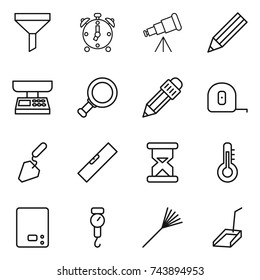 thin line icon set : funnel, alarm clock, telescope, pencil, market scales, magnifier, measuring tape, construction, level, sand, thermometer, kitchen, handle, rake, scoop