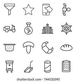 thin line icon set : funnel, star, touch, satellite, scooter shipping, chemical, hotel, handwheel, colander, mushroom, croissant, bread, hive, scoop, cleanser powder, clipboard list