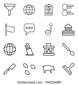 thin line icon set : funnel, globe, report, diagram, flag, message, segway, cottage, stands for knives, fireplace, big spoon, chef knife, seeds, pig, scraper