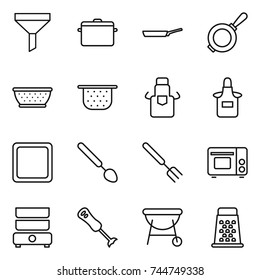 thin line icon set : funnel, pan, colander, apron, cutting board, big spoon, fork, grill oven, double boiler, blender, bbq, grater