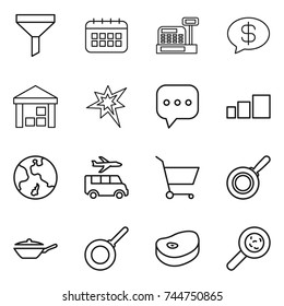 thin line icon set : funnel, calendar, cashbox, money message, warehouse, bang, sms, sorting, earth, transfer, cart, pan, steake, viruses