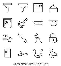 thin line icon set : funnel, tools, loading crane, safe, pan, colander, garlic clasp, big fork, knife holder, toaster, fridge, scissors, horseshoe, water pump