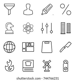 thin line icon set : funnel, man, marker, percent, chess horse, atom, equalizer, skyscrapers, globe, consolidated cargo, cutting board, chef knife, fire, cooking book, windmill, do not distrub