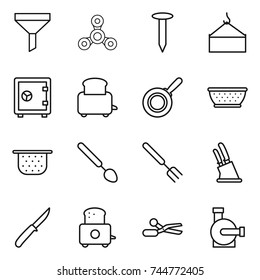 thin line icon set : funnel, spinner, nail, loading crane, safe, toaster, pan, colander, big spoon, fork, knife holder, scissors, water pump