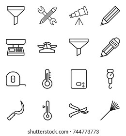 thin line icon set : funnel, pencil wrench, telescope, market scales, measuring tape, thermometer, kitchen, handle, sickle, pruner, rake
