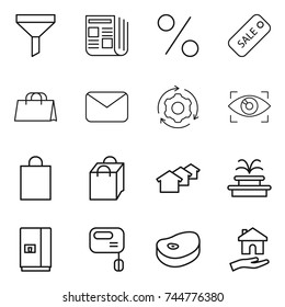 thin line icon set : funnel, newspaper, percent, sale, shopping bag, mail, around gear, eye identity, houses, fountain, fridge, mixer, steake, housing