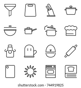 thin line icon set : funnel, cutting board, stands for knives, pan, cauldron, saute, steam, chief hat, apron, cook glove, egg timer, rolling pin, gas oven, cooking book