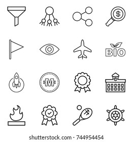 thin line icon set : funnel, share, dollar magnifier, flag, eye, plane, bio, rocket, crypto currency, medal, university, flammable, tennis, handwheel
