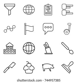 thin line icon set : funnel, globe, report, diagram, graph, flag, message, segway, cottage, stands for knives, big spoon, chef knife, cupcake, pig, scraper