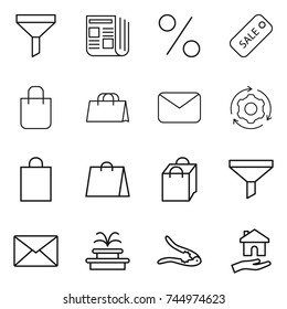 thin line icon set : funnel, newspaper, percent, sale, shopping bag, mail, around gear, fountain, walnut crack, housing
