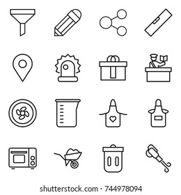 thin line icon set : funnel, pencil, share, level, geo pin, alarm, hi quality package, inspector, cooler fan, measuring cup, apron, grill oven, wheelbarrow, trash bin, blower