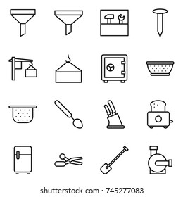 thin line icon set : funnel, tools, nail, loading, crane, safe, colander, big spoon, knife holder, toaster, fridge, scissors, shovel, water pump