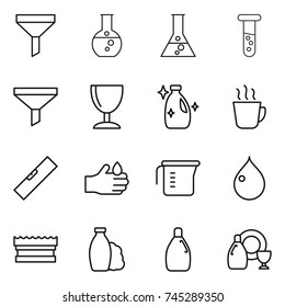 thin line icon set : funnel, round flask, vial, wineglass, cleanser, hot drink, level, acid, measuring cup, drop, sponge, shampoo, dish