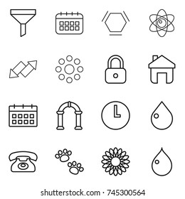 thin line icon set : funnel, calendar, hex molecule, atom, up down arrow, round around, lock, home, arch, clock, drop, phone, pets, flower