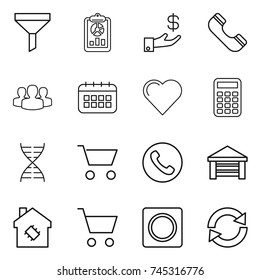 thin line icon set : funnel, report, investment, phone, group, calendar, heart, calculator, dna, cart, garage, smart house, ring button, reload