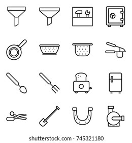 thin line icon set : funnel, tools, safe, pan, colander, garlic clasp, big spoon, fork, toaster, fridge, scissors, shovel, horseshoe, water pump